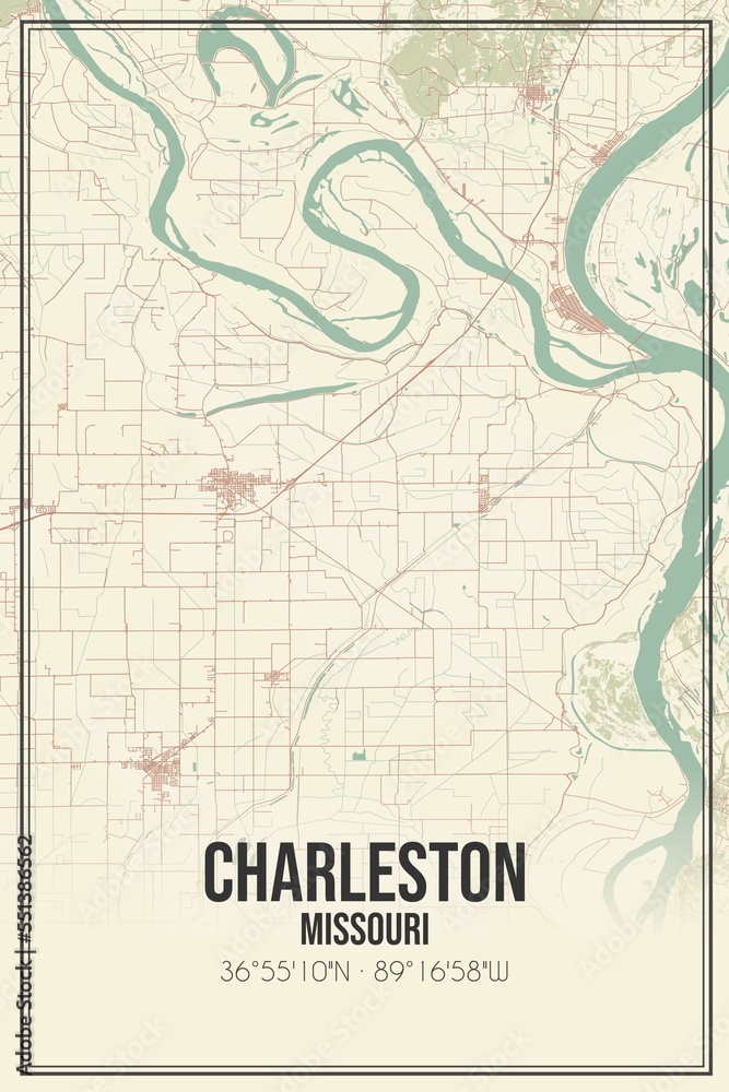 Retro US city map of Charleston, Missouri. Vintage street map.
