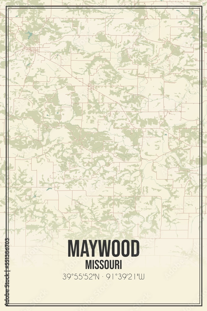 Retro US city map of Maywood, Missouri. Vintage street map.