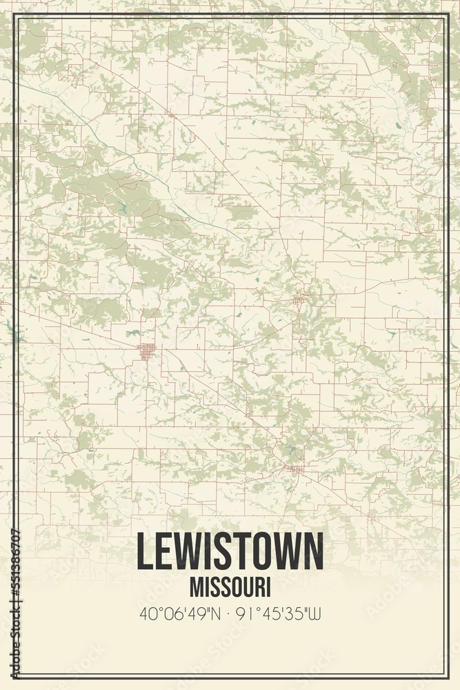Retro US city map of Lewistown, Missouri. Vintage street map.