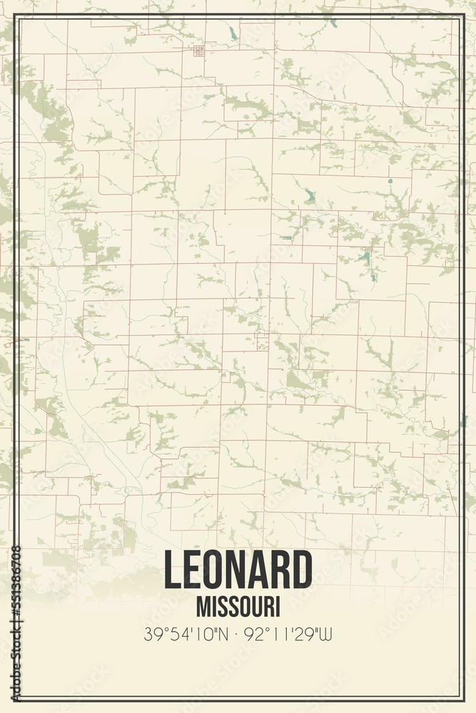 Retro US city map of Leonard, Missouri. Vintage street map.