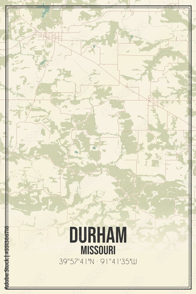 Retro US city map of Durham, Missouri. Vintage street map.