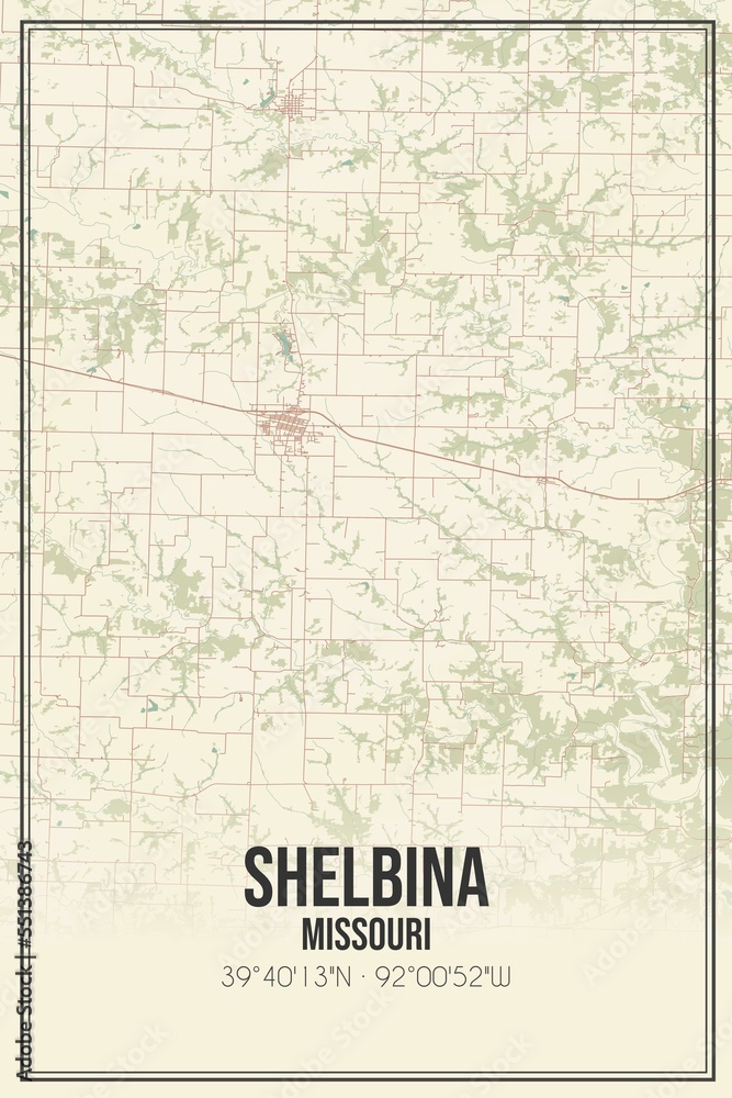 Retro US city map of Shelbina, Missouri. Vintage street map.