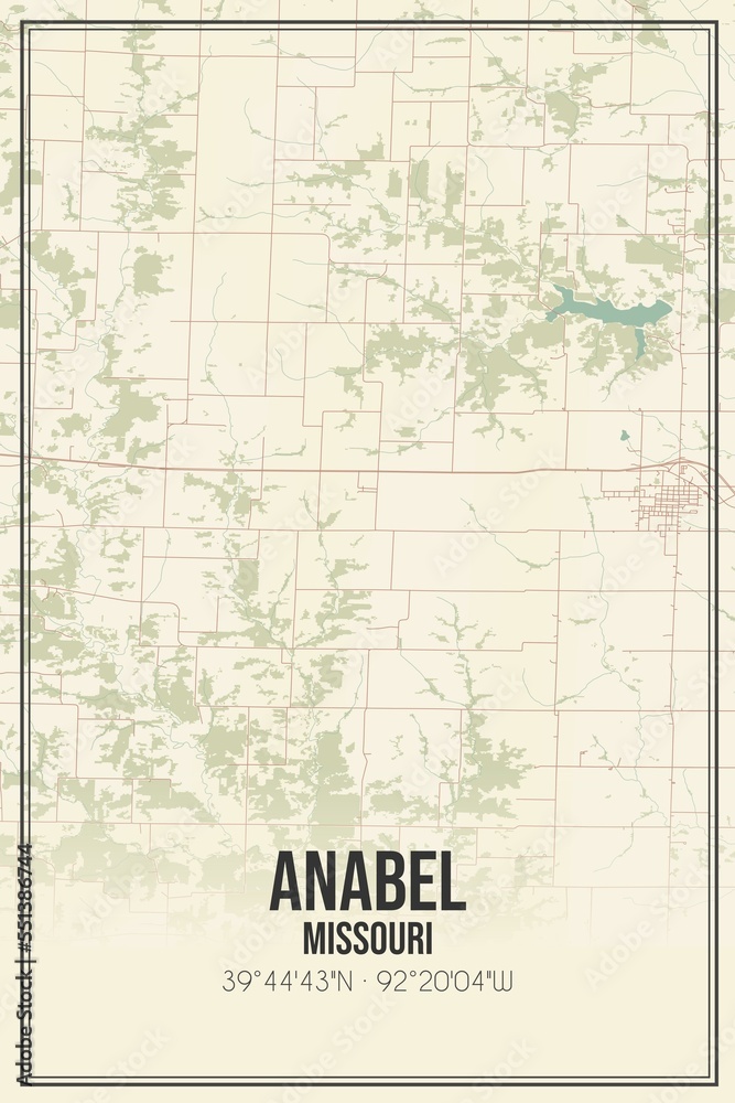 Retro US city map of Anabel, Missouri. Vintage street map.
