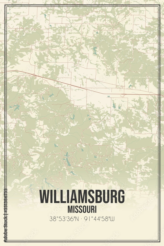 Retro US city map of Williamsburg, Missouri. Vintage street map.