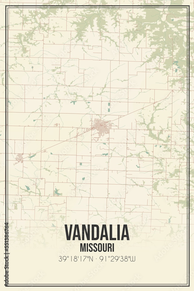 Retro US city map of Vandalia, Missouri. Vintage street map.