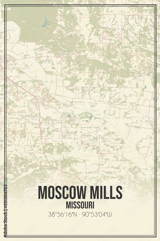 Retro US city map of Moscow Mills, Missouri. Vintage street map.