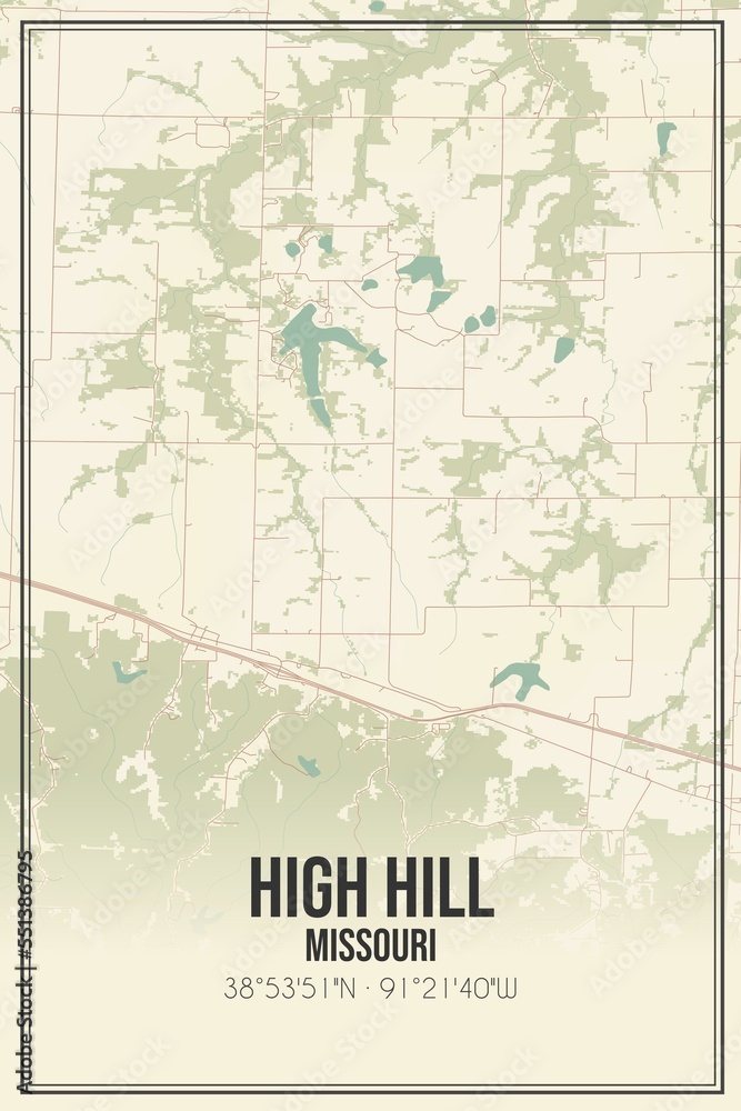 Retro US city map of High Hill, Missouri. Vintage street map.