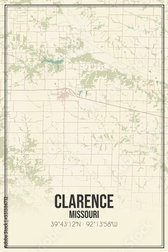 Retro US city map of Clarence, Missouri. Vintage street map.