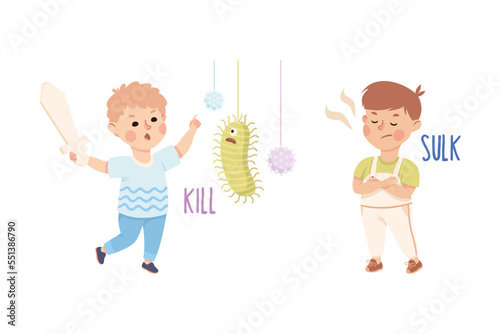 Little Boy Killing Virus with Sword and Sulking Demonstrating Vocabulary and Verb Studying Vector Set