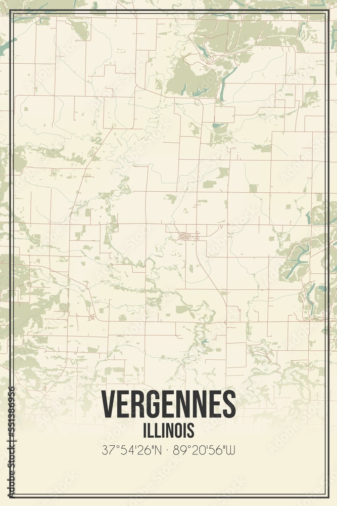 Retro US city map of Vergennes, Illinois. Vintage street map.