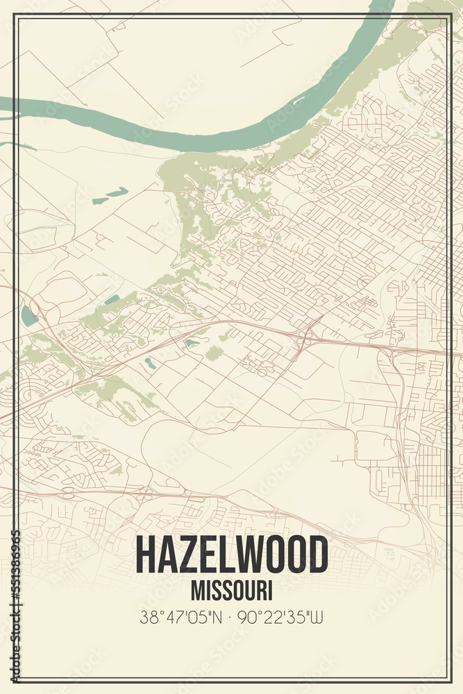 Retro US city map of Hazelwood, Missouri. Vintage street map.