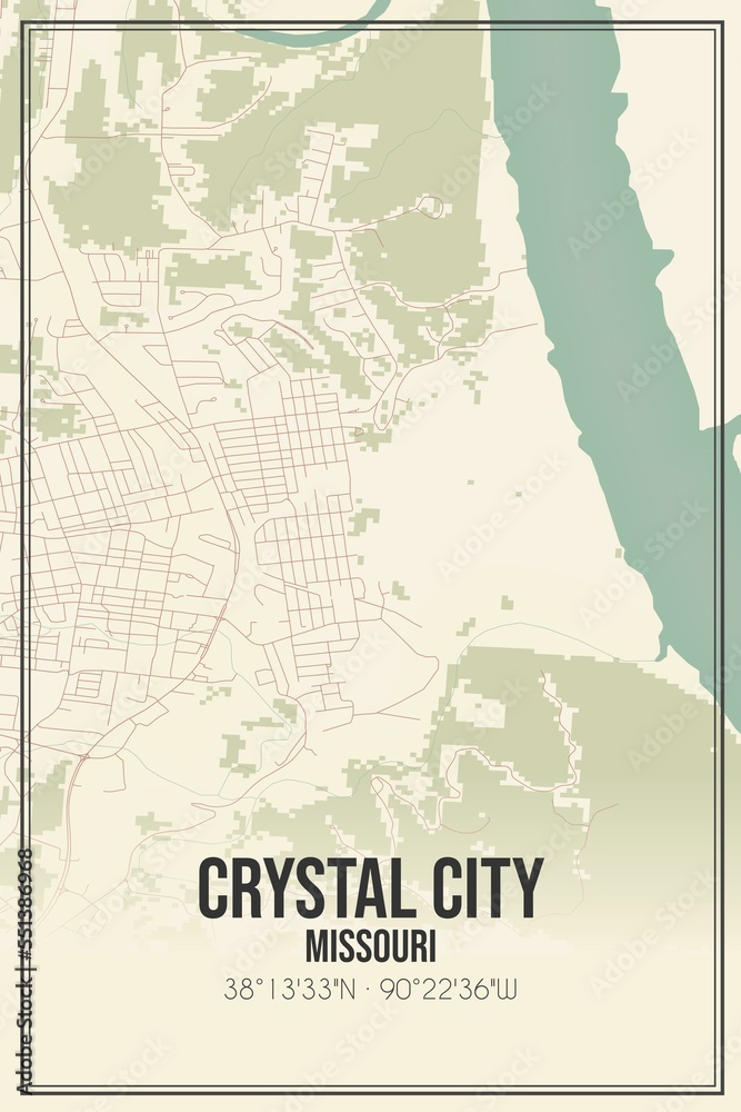 Retro US city map of Crystal City, Missouri. Vintage street map.