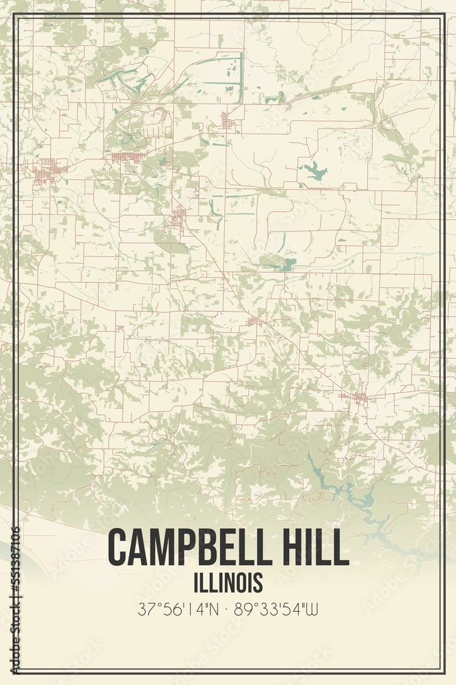 Retro US city map of Campbell Hill, Illinois. Vintage street map.