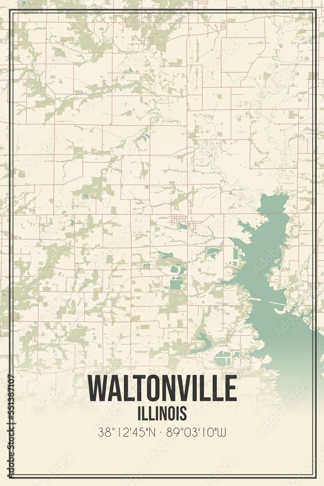 Retro US city map of Waltonville, Illinois. Vintage street map.