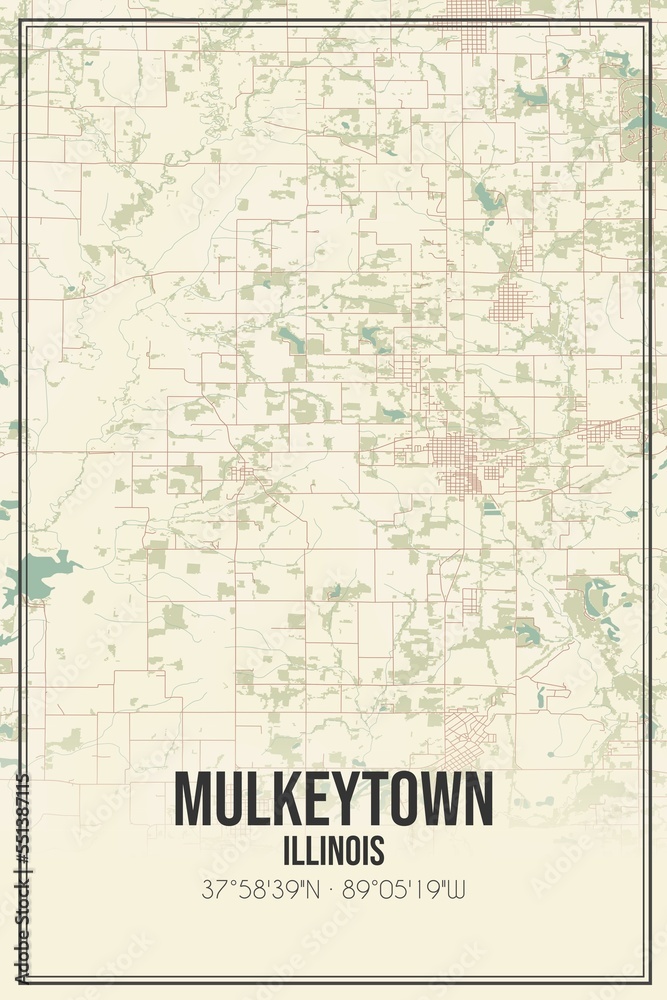 Retro US city map of Mulkeytown, Illinois. Vintage street map.