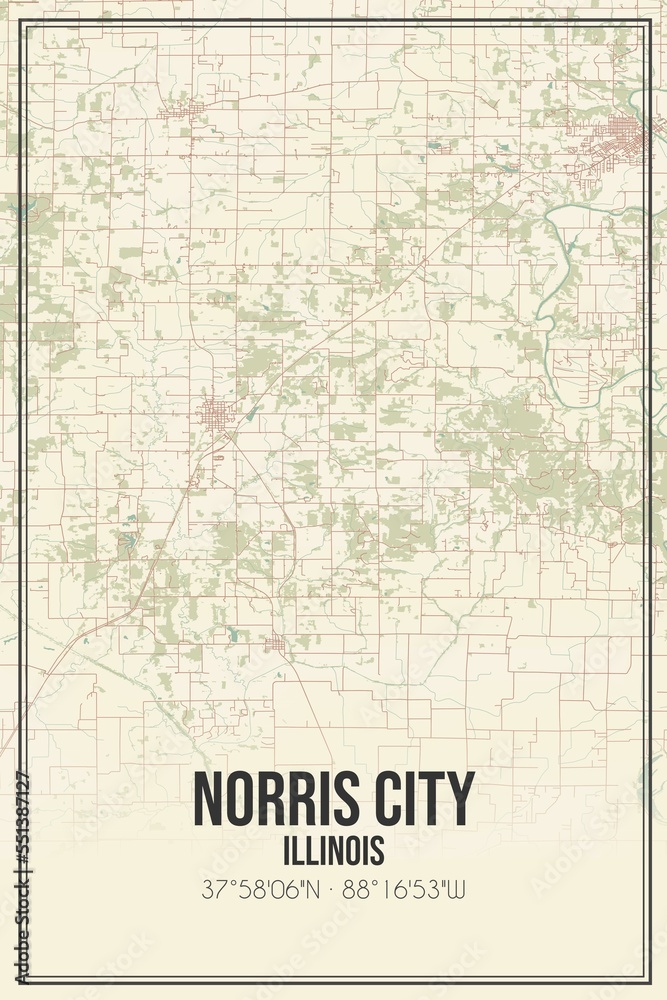 Retro US city map of Norris City, Illinois. Vintage street map.