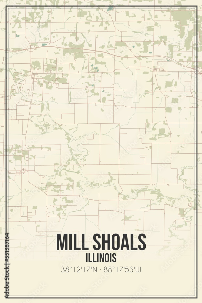 Retro US city map of Mill Shoals, Illinois. Vintage street map.