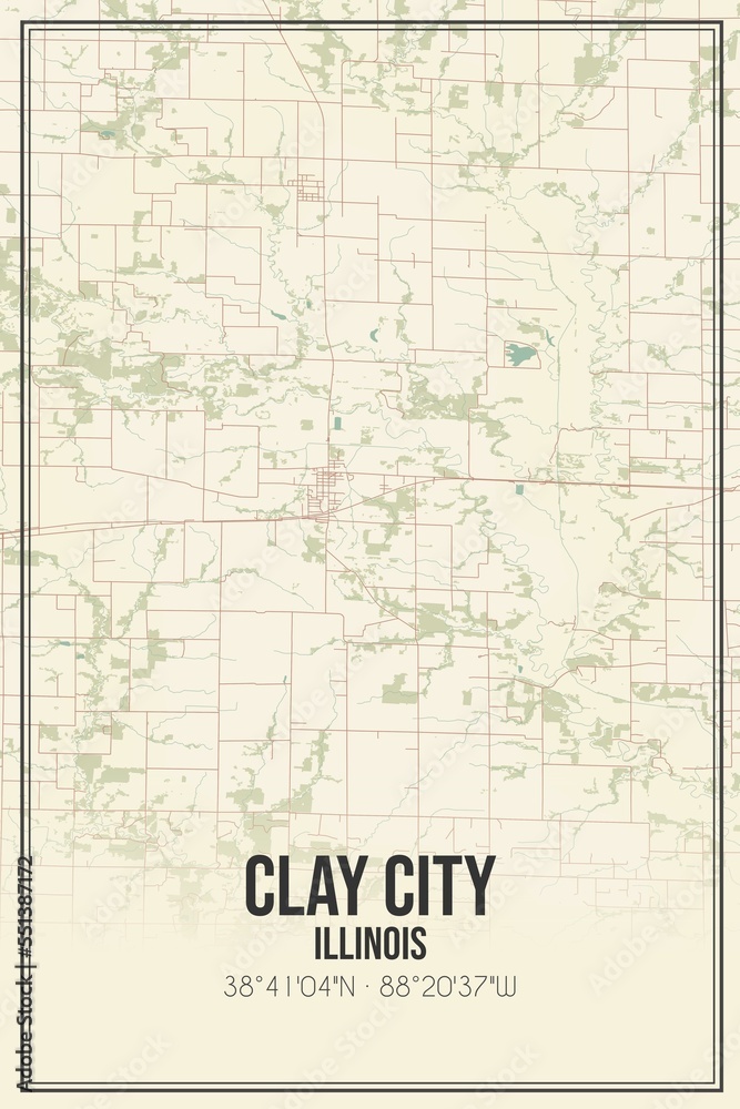 Retro US city map of Clay City, Illinois. Vintage street map.