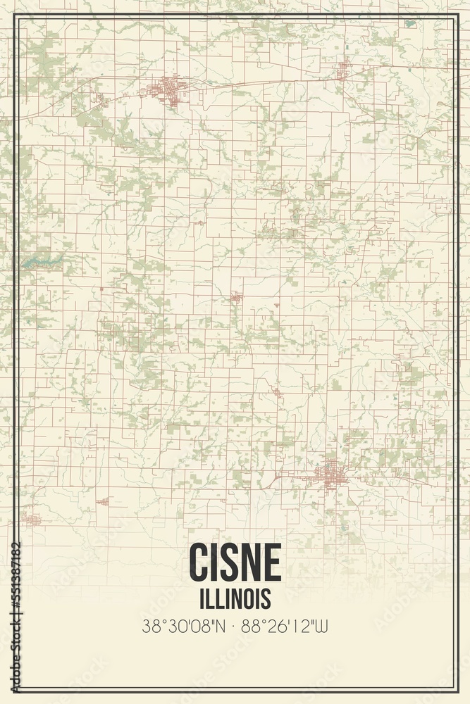 Retro US city map of Cisne, Illinois. Vintage street map.
