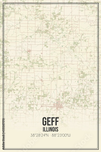 Retro US city map of Geff, Illinois. Vintage street map. photo