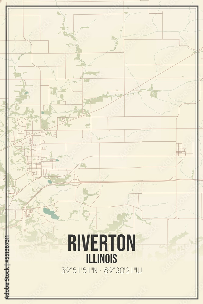 Retro US city map of Riverton, Illinois. Vintage street map.