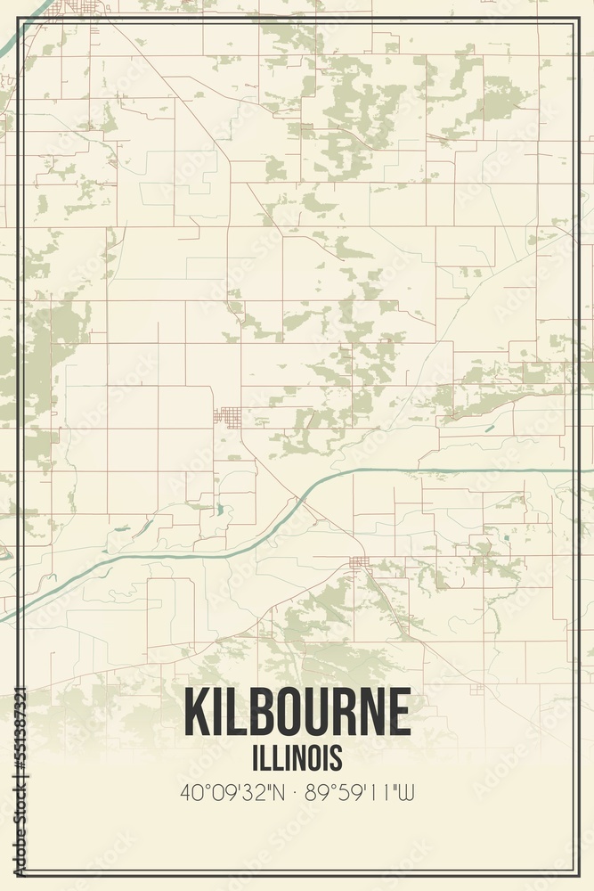 Retro US city map of Kilbourne, Illinois. Vintage street map.