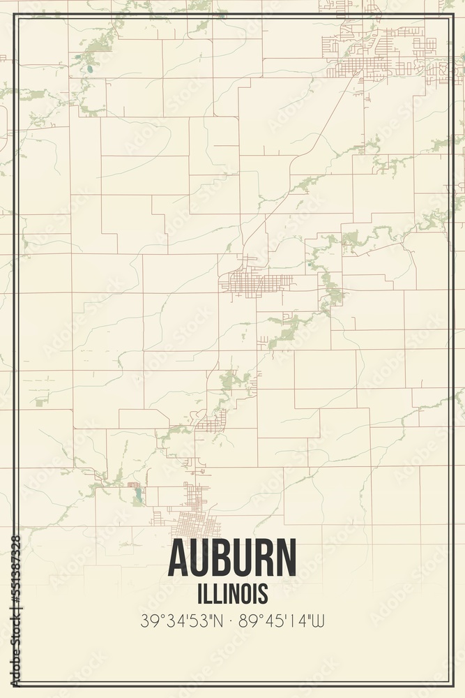 Retro US city map of Auburn, Illinois. Vintage street map.