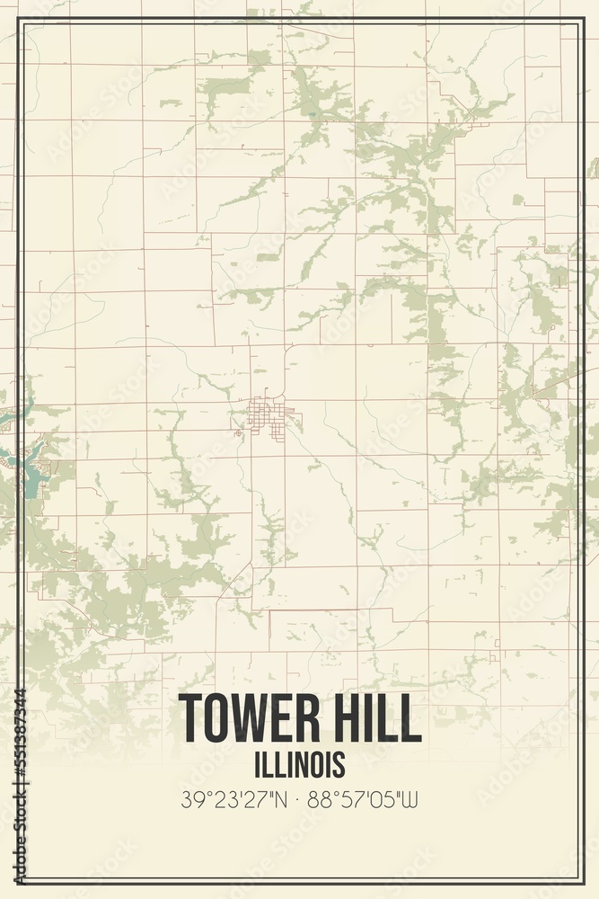 Retro US city map of Tower Hill, Illinois. Vintage street map.