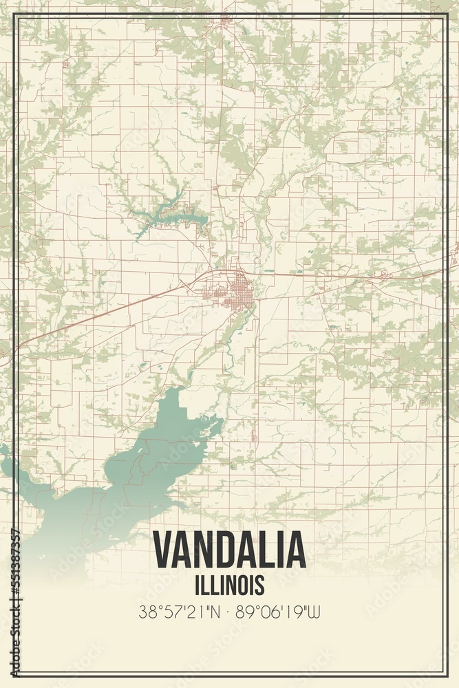 Retro US city map of Vandalia, Illinois. Vintage street map.