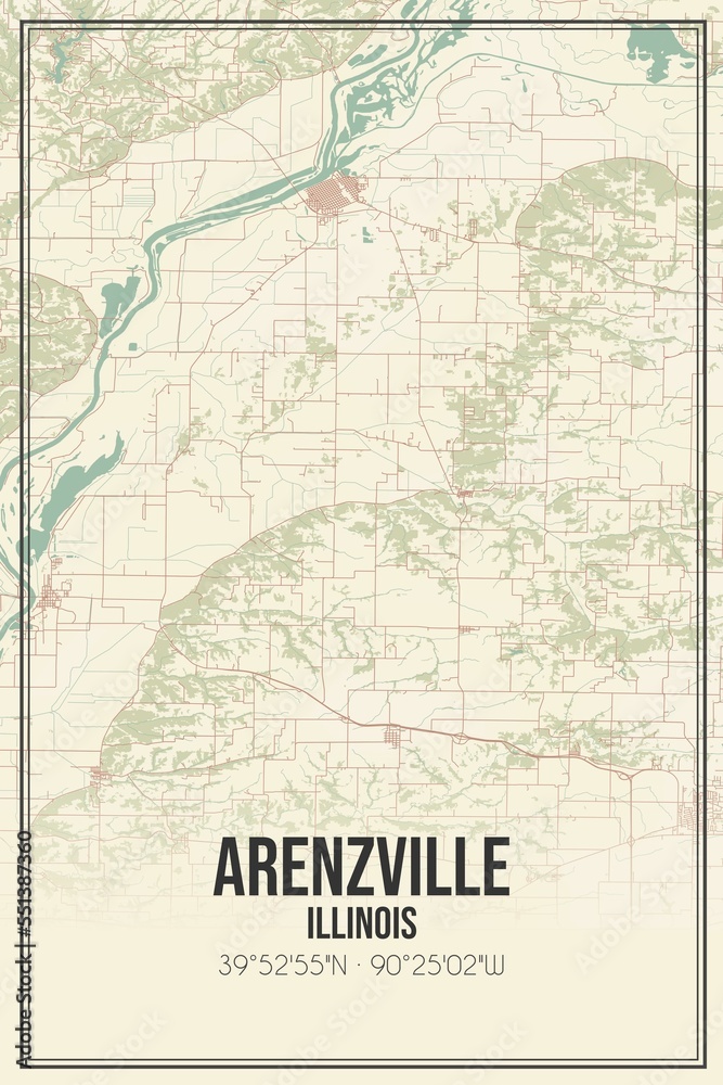 Retro US city map of Arenzville, Illinois. Vintage street map.