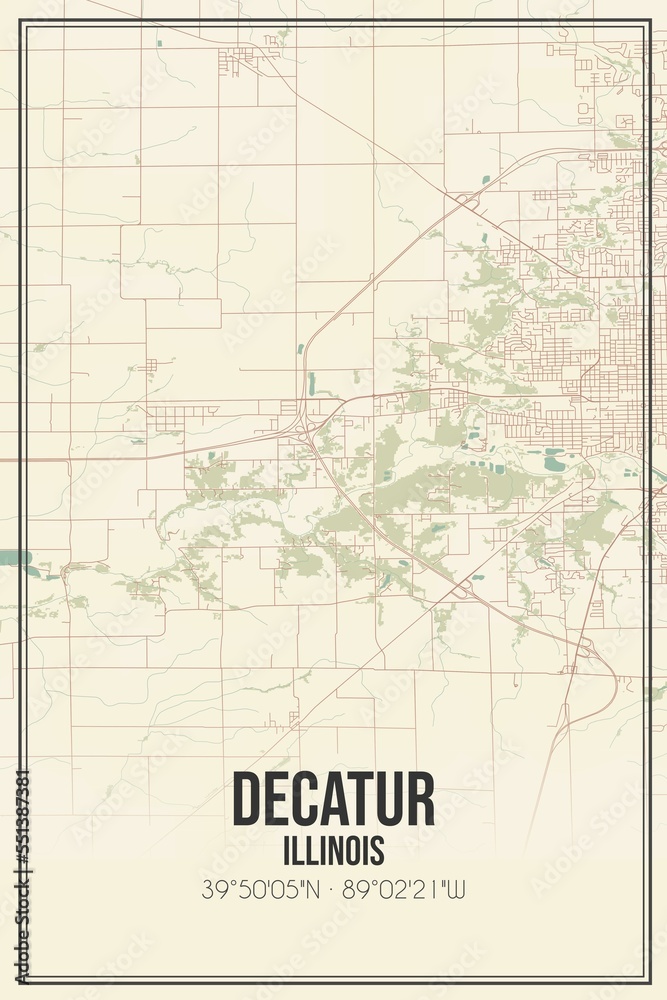 Retro US city map of Decatur, Illinois. Vintage street map.