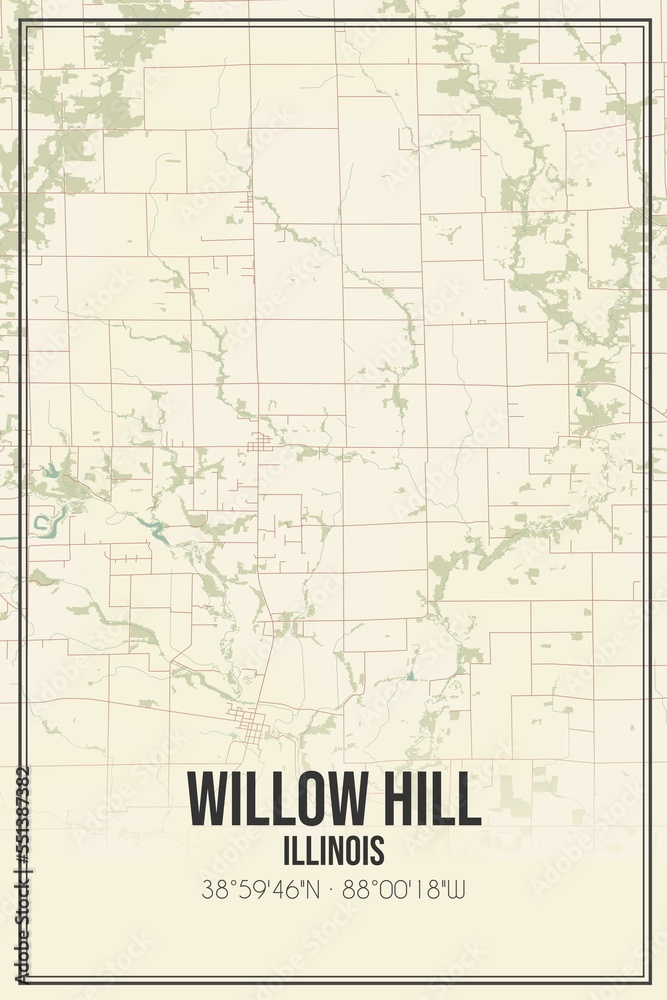Retro US city map of Willow Hill, Illinois. Vintage street map.