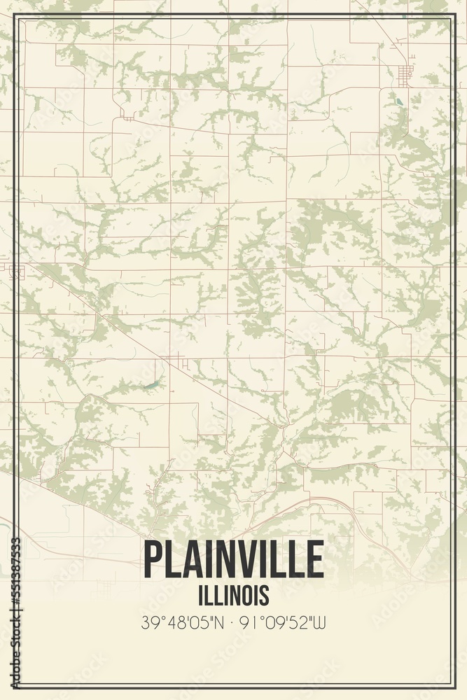 Retro US city map of Plainville, Illinois. Vintage street map.