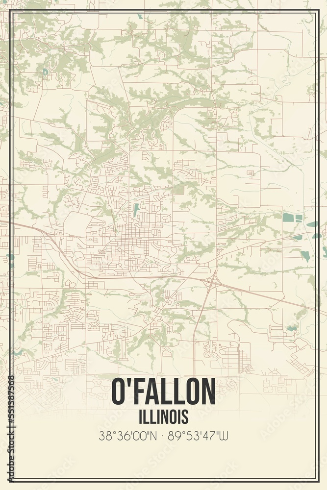 Retro US city map of O'Fallon, Illinois. Vintage street map.