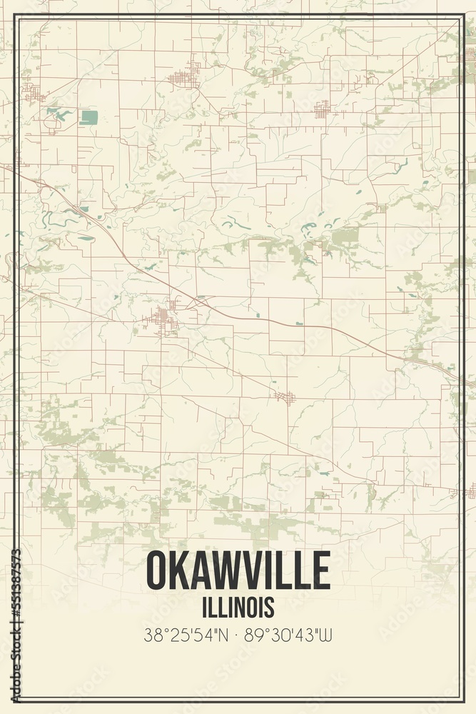 Retro US city map of Okawville, Illinois. Vintage street map.