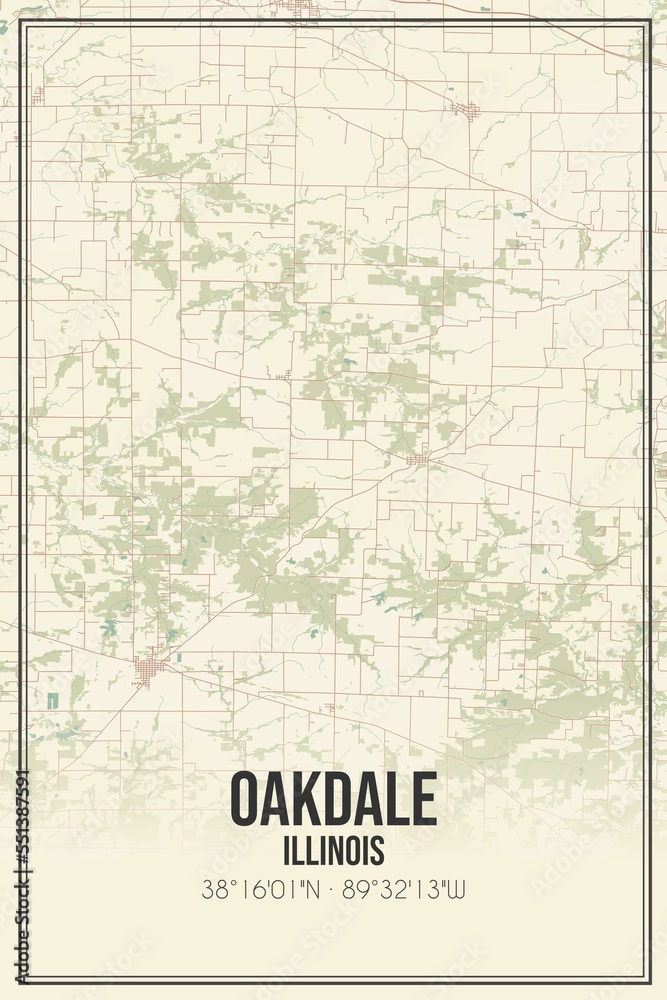 Retro US city map of Oakdale, Illinois. Vintage street map.