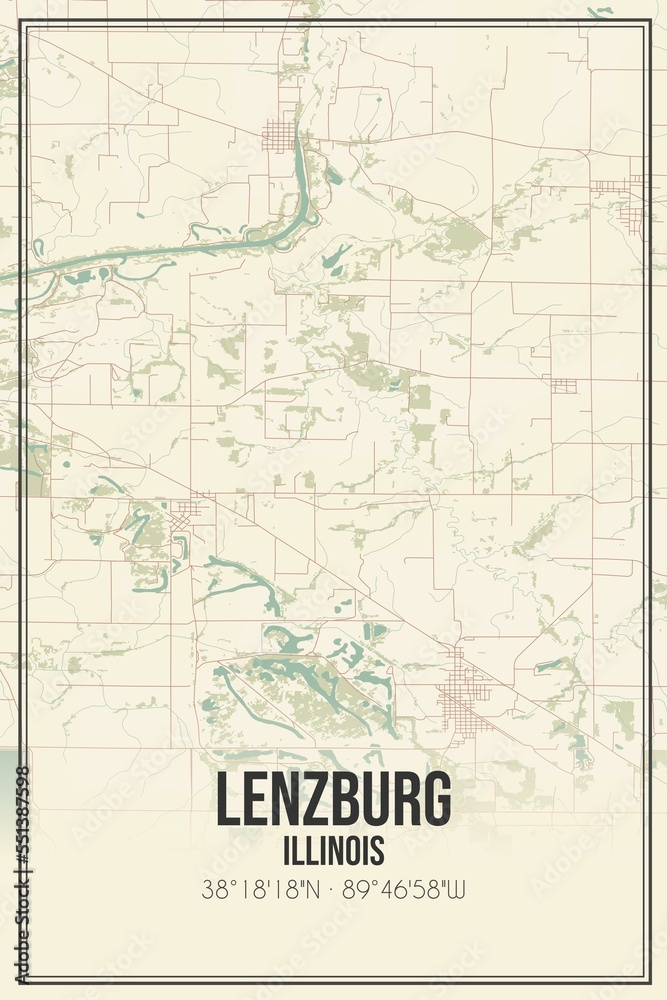 Retro US city map of Lenzburg, Illinois. Vintage street map.