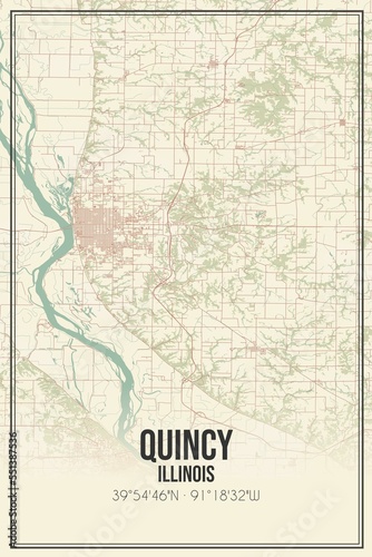 Retro US city map of Quincy, Illinois. Vintage street map. photo