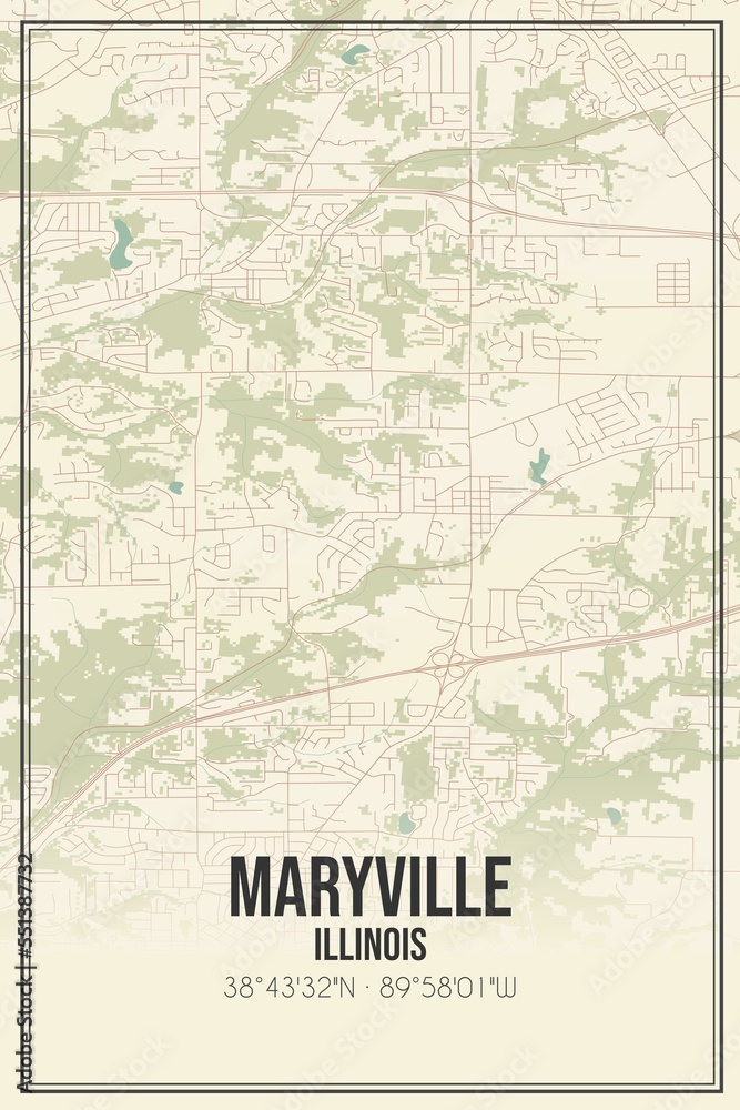 Retro US city map of Maryville, Illinois. Vintage street map.