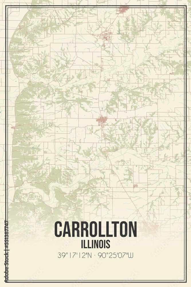 Retro US city map of Carrollton, Illinois. Vintage street map.