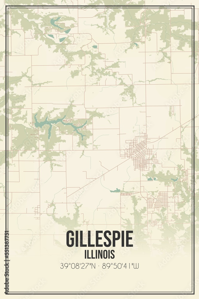 Retro US city map of Gillespie, Illinois. Vintage street map.