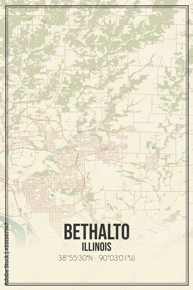 Retro US city map of Bethalto, Illinois. Vintage street map.