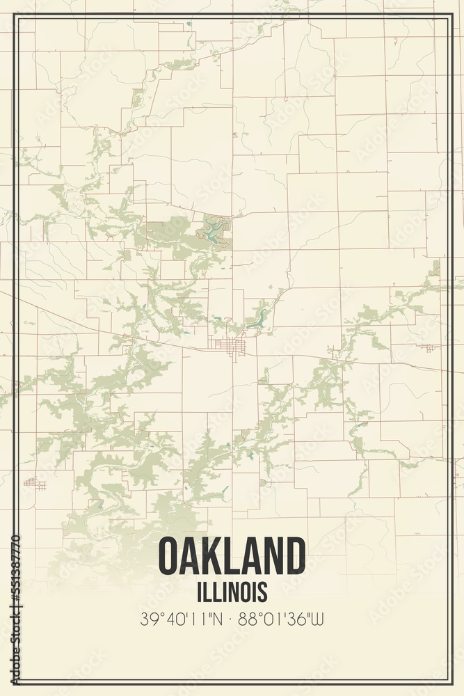 Retro US city map of Oakland, Illinois. Vintage street map.