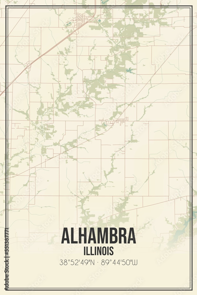 Retro US city map of Alhambra, Illinois. Vintage street map.
