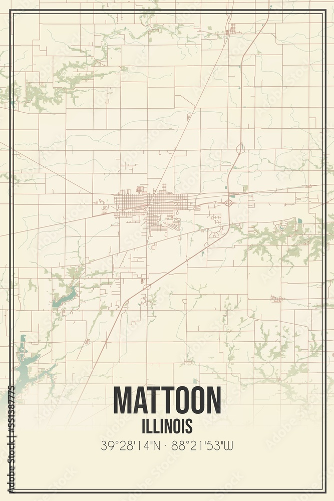 Fototapeta premium Retro US city map of Mattoon, Illinois. Vintage street map.