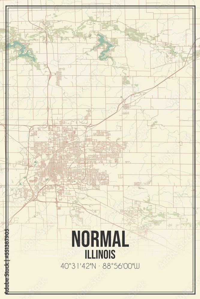 Retro US city map of Normal, Illinois. Vintage street map.