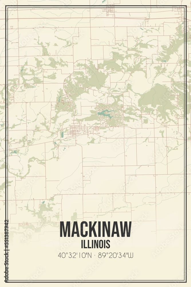 Retro US city map of Mackinaw, Illinois. Vintage street map.