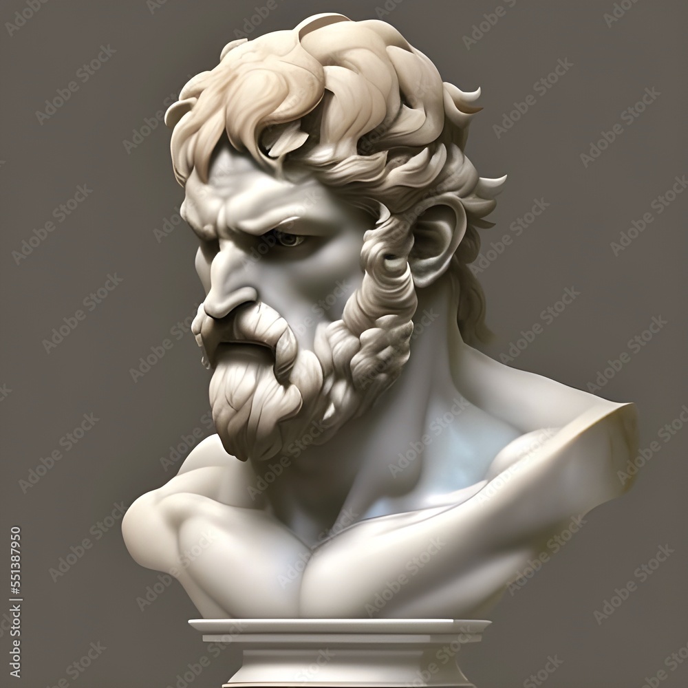 3D illustration featuring a chiseled white marble statue bust of Greek