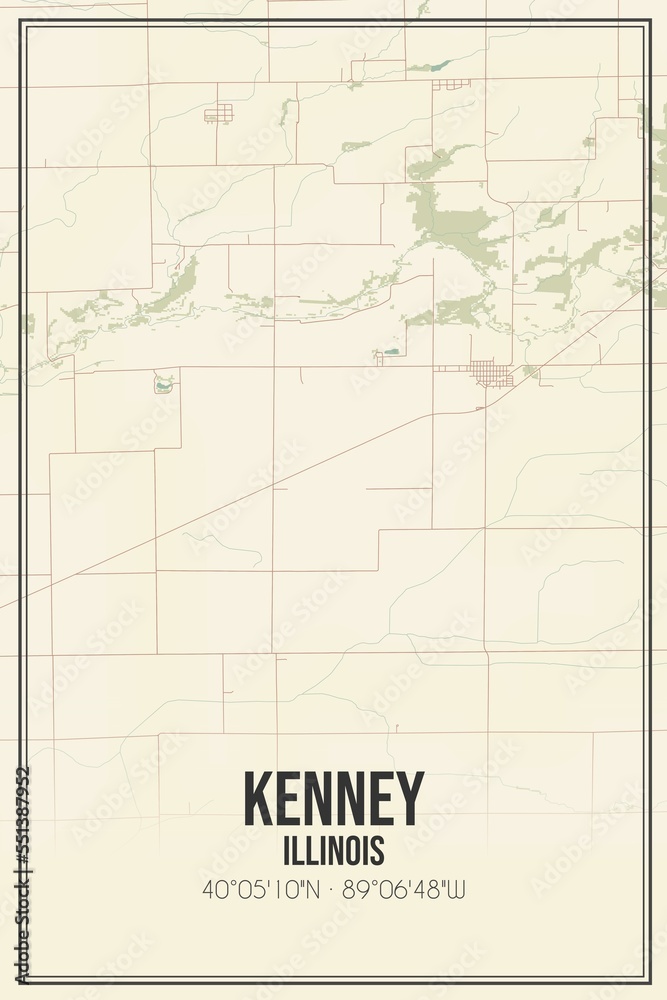 Retro US city map of Kenney, Illinois. Vintage street map.