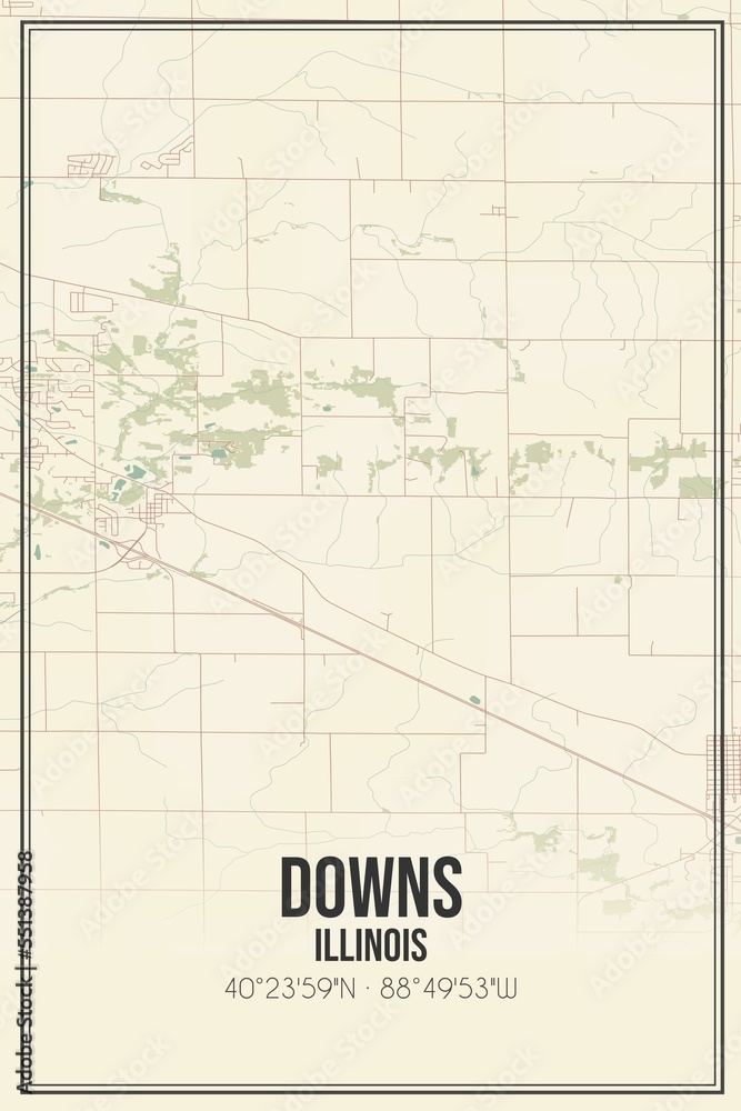 Retro US city map of Downs, Illinois. Vintage street map.